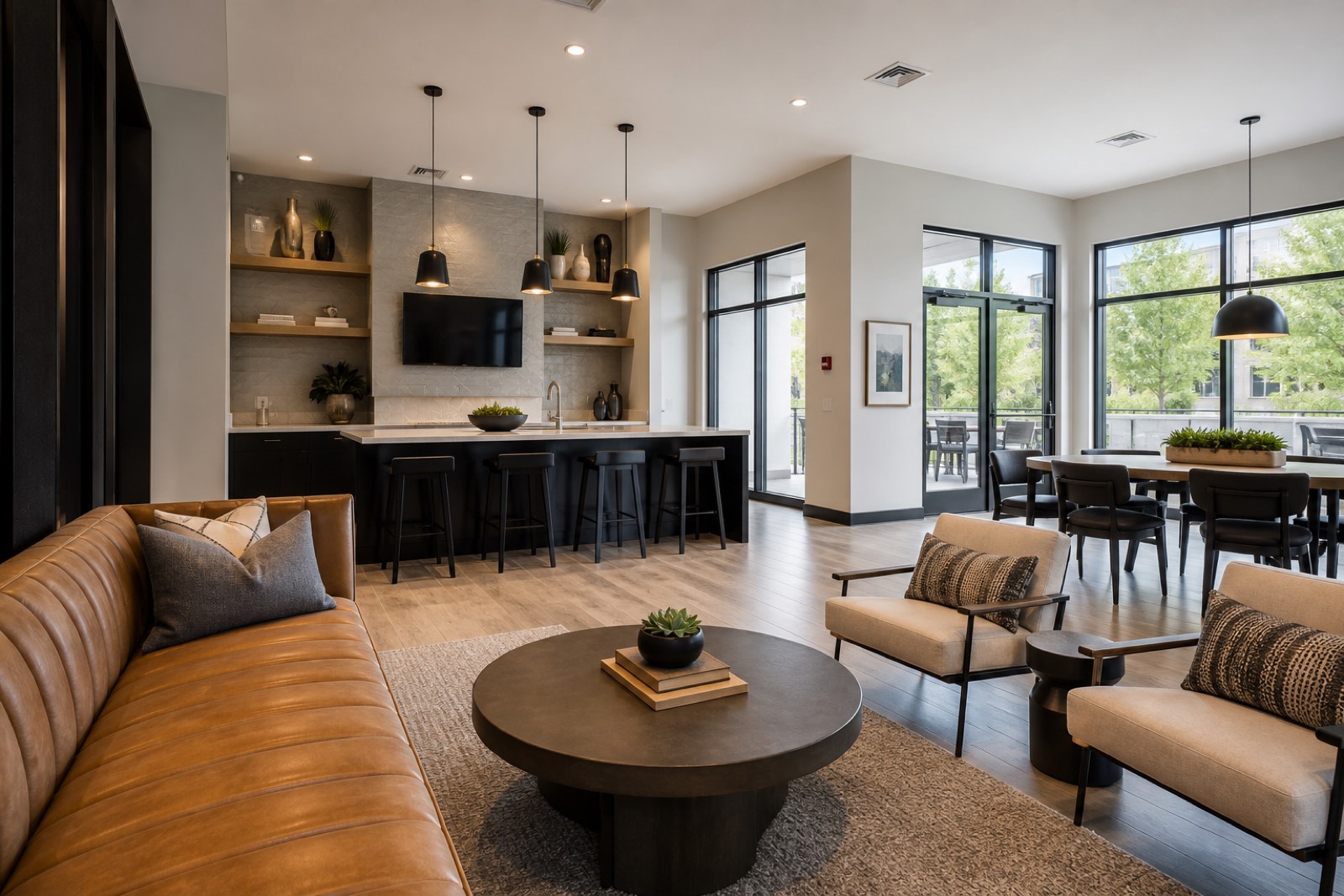 Luxury Midtown residential amenity lounge with marble floors and Atlanta skyline view