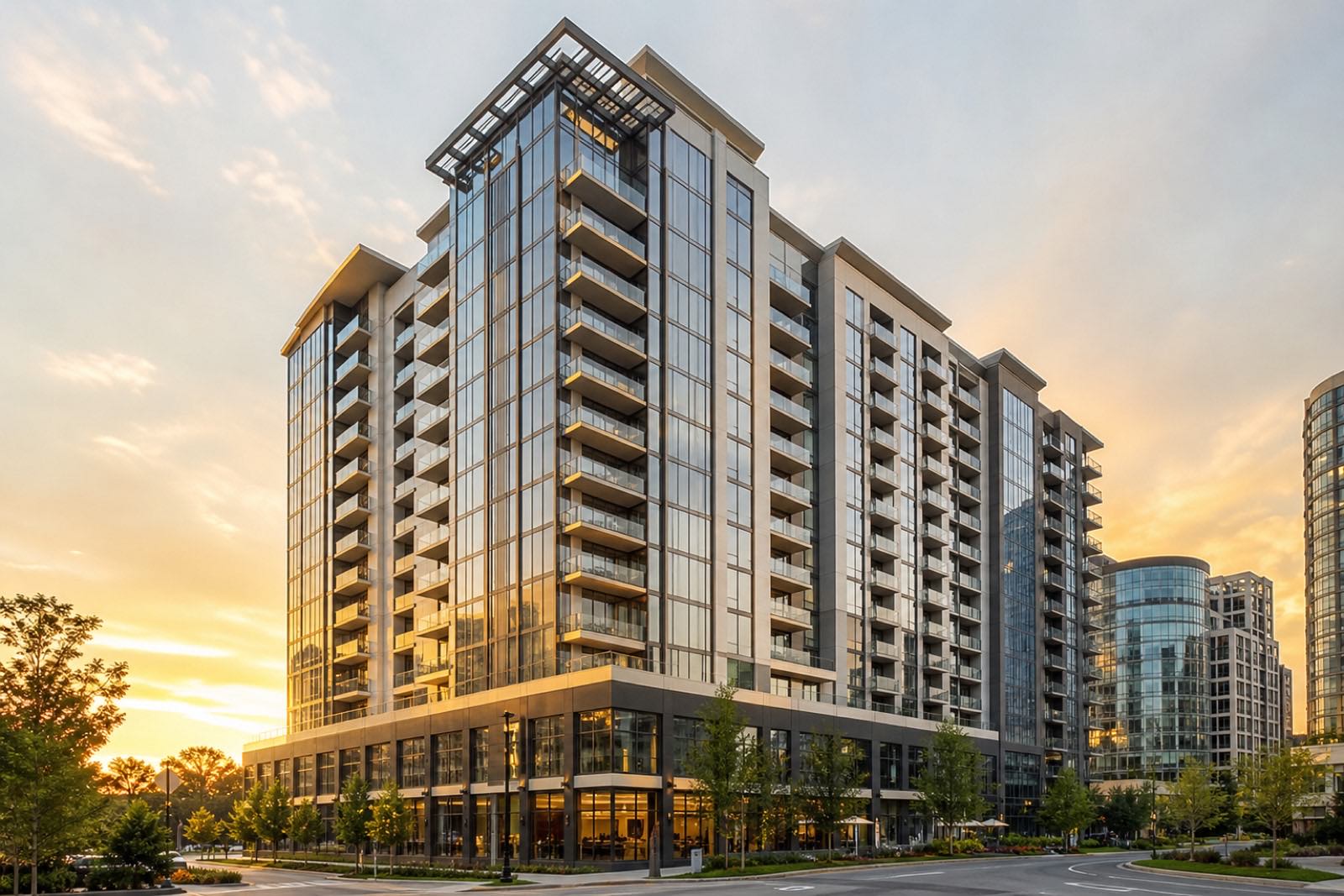 Class A apartment high-rise in Buckhead at golden hour